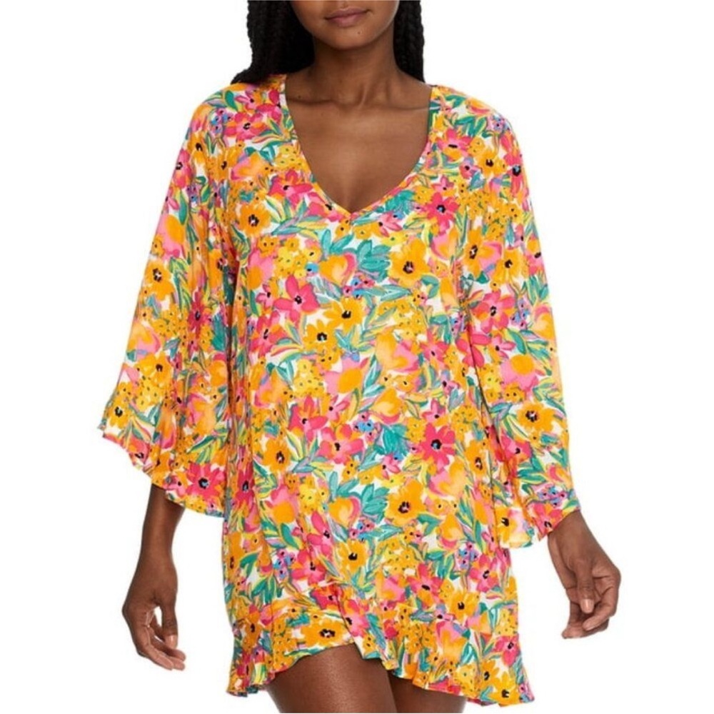 Anne Cole Bright Floral Tropical Multicolor Gauzy Swim Cover Up Sz M